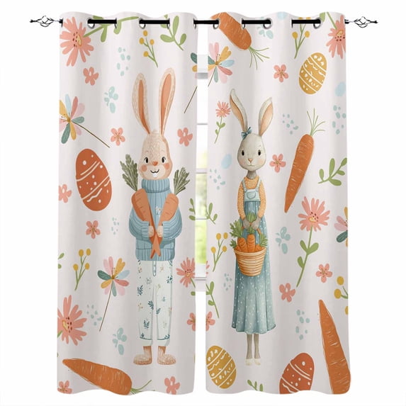 Pink Spring Easter Blackout Curtains for Bedroom, Bunny Carrots Eggs Floral Botanical Thermal Insulated Kitchen Drapes with Grommets, Light Blocking Window Treatment, 2 Panels 52" x 63"