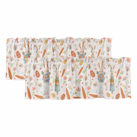 Pink Spring Easter Curtain Valances for Windows, Kitchen Valance Window Treatments Panel 2 Pack, Bunny Carrots Eggs Floral Botanical Rod Pocket Short Curtains for Bathroom Bedroom 60 x 18 Inch