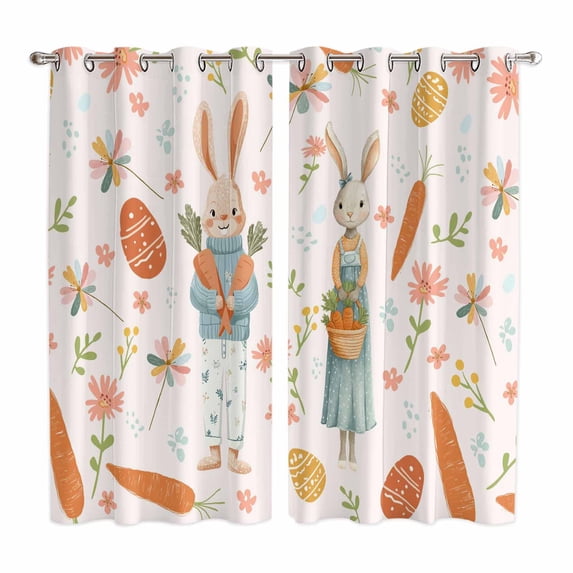 Pink Spring Easter Kitchen Curtains Window Panels, Bunny Carrots Eggs Floral Botanical Insulated Window Treatment Curtain, Grommet Curtains for Bedroom/Living Room/Bathroom, 2 Piece 52"Wx84"L