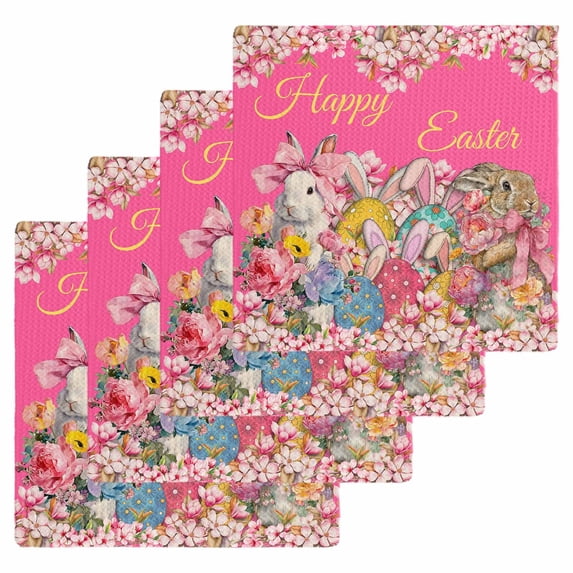 Pink Spring Easter Kitchen Dish Towels for Drying Dishes Set of 4, Bunny Eggs Floral Botanical Waffle Weave Microfiber Hand Tea Bathroom Towels Quick Dry & Absorbent Towel 12x12