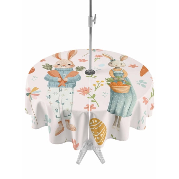 Pink Spring Easter Outdoor Tablecloth - 60 Inch Round Dining Table Cover, Bunny Carrots Eggs Floral Botanical Waterproof Outdoor Table Cloth with Umbrella Hole & Zipper for Picnic/Patio/Party