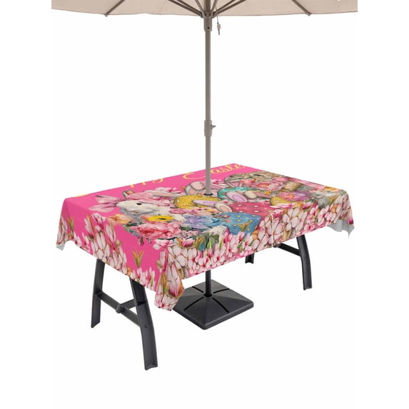 Pink Spring Easter Outdoor Tablecloth - 60x84 Inch Rectangle Dining Table Cover, Bunny Eggs Floral Botanical Waterproof Outdoor Table Cloth with Umbrella Hole & Zipper for Picnic/Patio/Party