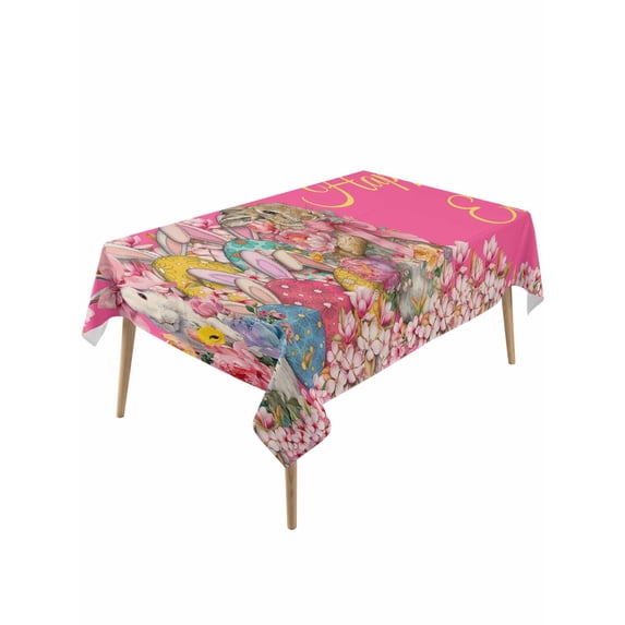 Pink Spring Easter Table Cloth, Waterproof Tablecloth for Rectangle Tables, Bunny Eggs Floral Botanical Reusable Washable Fabric Table Cover for Restaurant Kitchen Dining Tables 54"x108"