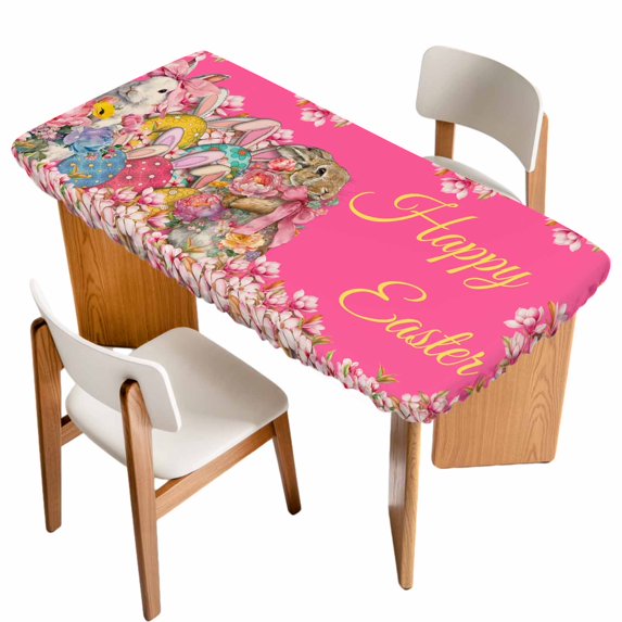 Pink Spring Easter Table Cloths for 4 Foot Rectangle Tables, Bunny Eggs Floral Botanical Patio Waterproof Elastic Fitted Tablecloths, Washable Rectangular Table Cover for Camping