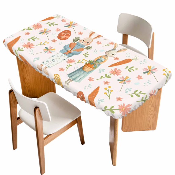 Pink Spring Easter Table Cloths for 5 Foot Rectangle Tables, Bunny Carrots Eggs Floral Botanical Patio Waterproof Elastic Fitted Tablecloths, Washable Rectangular Table Cover for Camping