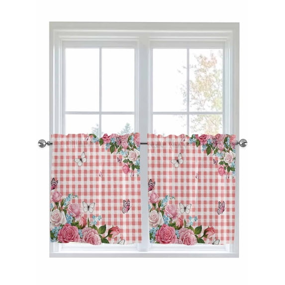 Pink Spring Floral 2 Panel Kitchen Curtains for Small Windows, Watercolor Flowers Butterfly Checkered Bathroom Tier Curtain, Short Window Treatment for Bedroom/Living Room 55"x24"