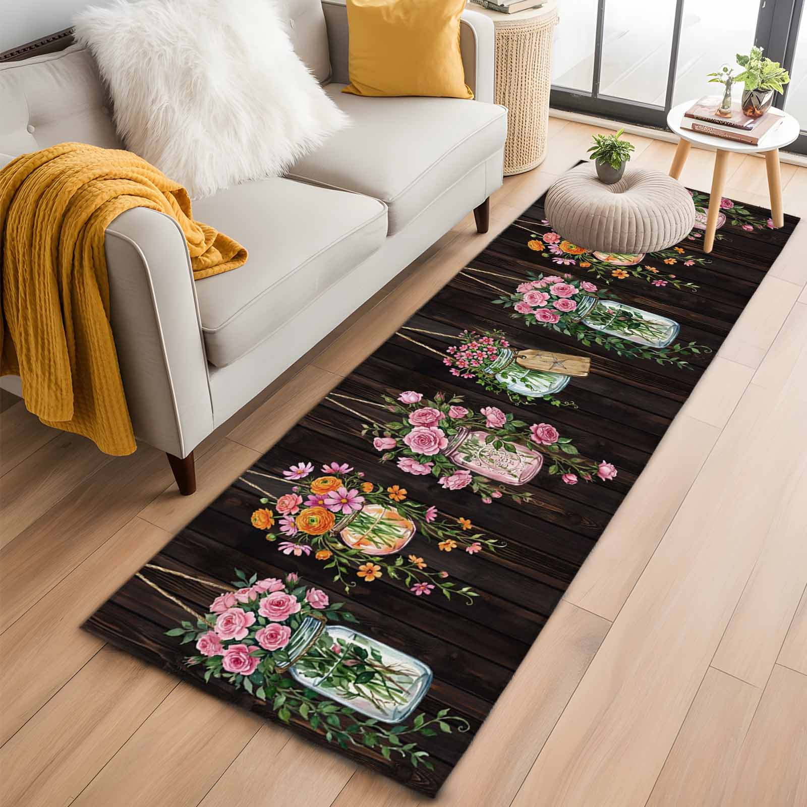 Pink Spring Floral 2'x6' Runner Rugs for Hallway Kitchen Bedside Non Slip Washable, Farmhouse Botanical Wooden Retro Art Entryway Rug Runners with Rubber Backing, Long Carpet Runner for Laundry Room