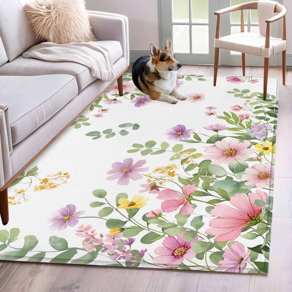 Pink Spring Floral 4'x6' Rug for Dining Table for 4 People Under Table, Watercolor Botanical Wildflowers Non Slip Rectangle Area Rug, Machine Washable Indoor Outdoor Mat
