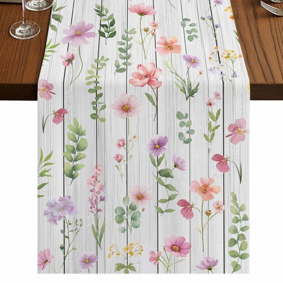 Pink Spring Floral 90 Inch Table Runner, Flowers Botanical Elegant Wooden Farmhouse Dresser Scarf Cotton & Linen Tablerunner for Dining/Kitchen Island/Holiday Party Décor 13" x 90"