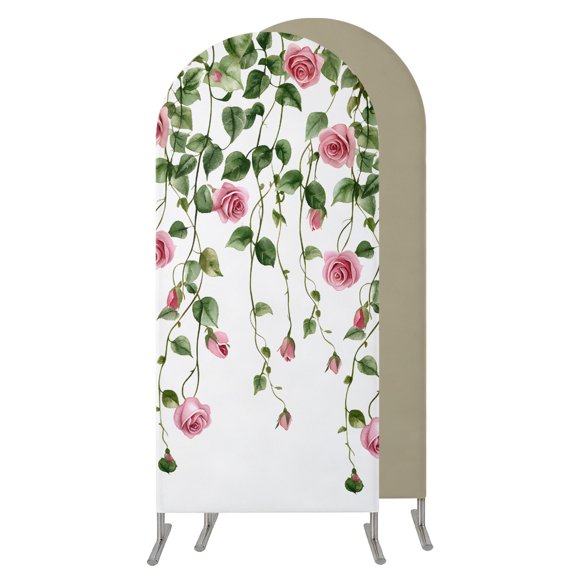 Pink Spring Floral Arch Backdrop Cover 4 FT, Spandex Wedding Arch Stand Covers Stretchy Backdrop, Green Summer Botanical Round Top Party Arched Background for Birthday Event Baby Shower Decorations
