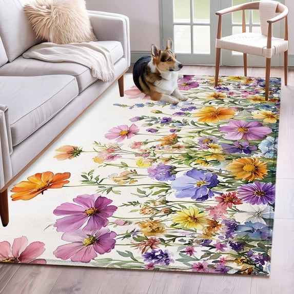 Pink Spring Floral Area Rug 4x6 FT, Non Slip Kids Room Carpet, Pastoral Botanical Watercolor Flowers Washable Soft Floor Carpet Non-Shedding Throw Rug for Dorm Kitchen Study Room Home Office Bedside