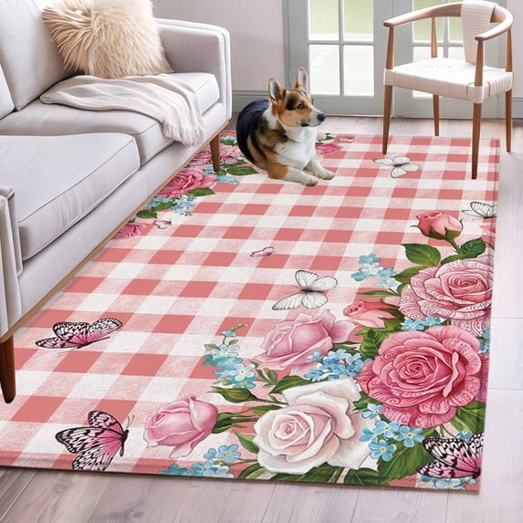 Pink Spring Floral Area Rugs 2.7'x5', Washable Small Throw Rugs for Kitchen Bedroom, Watercolor Flowers Butterfly Checkered Indoor Outdoor Rug Non-Slip Low Pile Carpet Runner Reversible Floor Mats