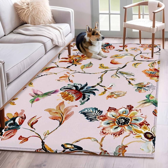 Pink Spring Floral Area Rugs 3'x5', Washable Small Throw Rugs for Living Room Bedroom, Summer Botanical Vintage Birds Indoor Outdoor Rug Non-Slip Low Pile Carpet Runner Reversible Floor Mats