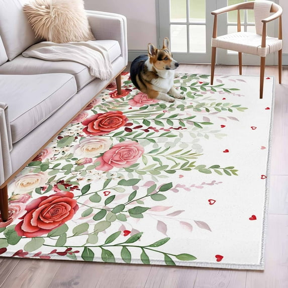 Pink Spring Floral Area Rugs 3'x5', Washable Small Throw Rugs for Living Room Bedroom, Weeping Romantic Flowers Pastoral Indoor Outdoor Rug Non-Slip Low Pile Carpet Runner Reversible Floor Mats