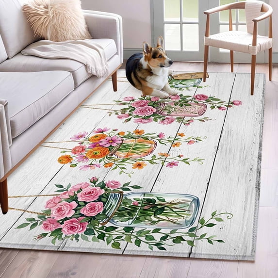 Pink Spring Floral Area Rugs 3'x5', Washable Small Throw Rugs for Living Room Bedroom, Wooden Elegant Farmhouse Botanical Indoor Outdoor Rug Non-Slip Low Pile Carpet Runner Reversible Floor Mats