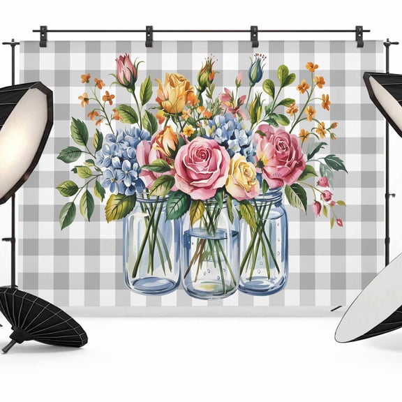 Pink Spring Floral Backdrop for Photography, Fabric Photo Background Backdrop, Flowers Gray Plaid Farmhouse Photo Booth Background for Portrait Photoshoot Video Wedding Studio Decoration Banner 7x5ft