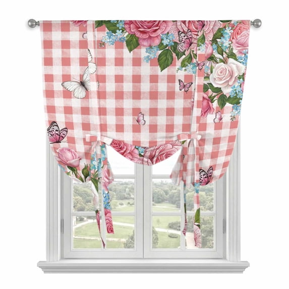 Pink Spring Floral Balloon Curtains for Living Room/French Door, Watercolor Flowers Butterfly Checkered Tie Up Curtains 63 Inch Length Energy Saving Kitchen Curtains Shades for Windows 42"x63"
