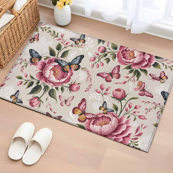 Pink Spring Floral Bathroom Rug Washable 2x3 Entryway Rug Non Slip Farmhouse Flowers Botanical Butterfly Front Door Mat Low Pile Indoor Doormat Throw Floor Carpet for Kitchen Bedroom Entrance