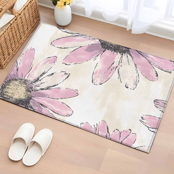 Pink Spring Floral Bathroom Rug Washable 2x3 Entryway Rug Non Slip Summer Flowers Botanical Retro Front Door Mat Low Pile Indoor Doormat Throw Floor Carpet for Kitchen Bedroom Entrance