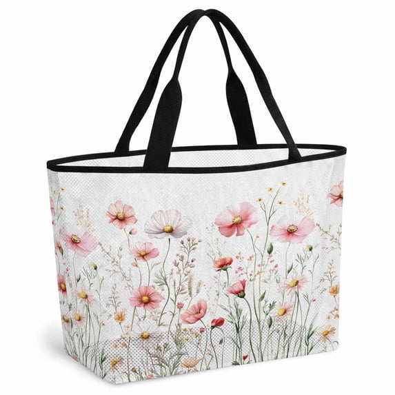 Pink Spring Floral Beach Bag for Women, Large Breathable Mesh Beach Tote Bag, Summer Botanical Pastoral Sandproof Lightweight Travel Bags for Vacation Picnic Swimming Pool 15.7"x15.7"x9.1"