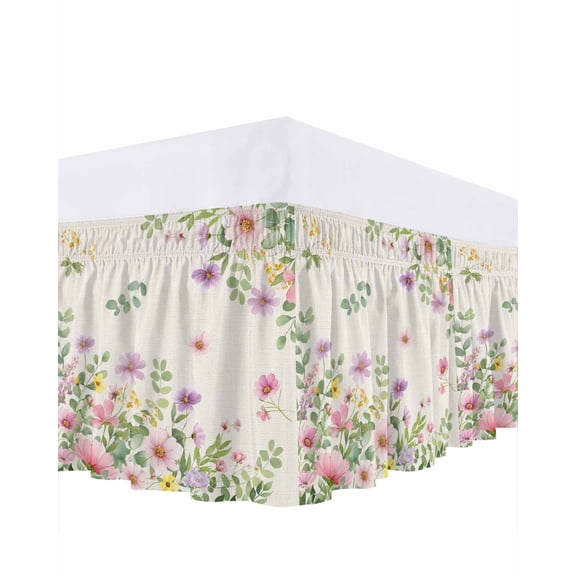 Pink Spring Floral Bed Skirt King Size 16 Inch Drop, Watercolor Botanical Wildflowers Retro Adjustable Elastic Dust Ruffles Bedskirt for King Bed Wrap Around Pleated Mattress Frame Cover