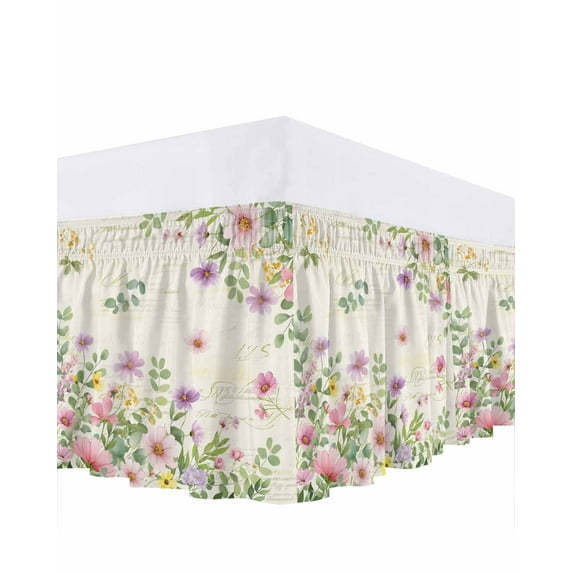 Pink Spring Floral Bed Skirt King Size 16 Inch Drop, Watercolor Botanical Wildflowers Rustic Adjustable Elastic Dust Ruffles Bedskirt for King Bed Wrap Around Pleated Mattress Frame Cover