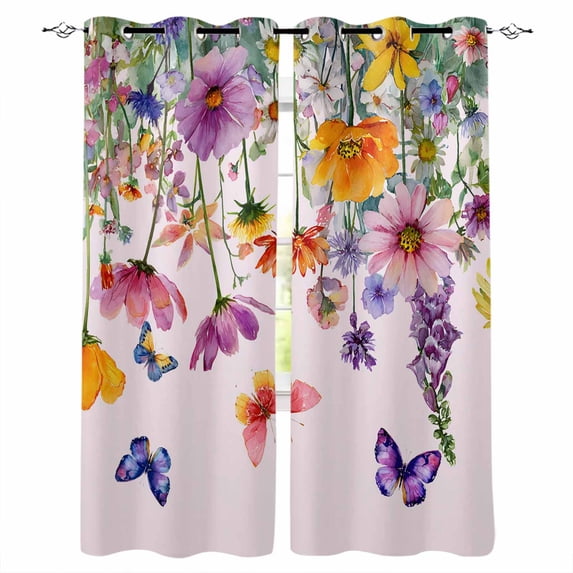 Pink Spring Floral Blackout Curtains 96 Inch Length 2 Panels Set, Farmhouse Flowers Butterfly Watercolor Full Shading Curtains for Windows, Blackout Curtains for Bedroom Living Room 52"x96"