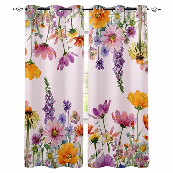 Pink Spring Floral Blackout Curtains for Bedroom, Elegant Pastoral Flowers Daisy Thermal Insulated Kitchen Drapes with Grommets, Light Blocking Window Treatment, 2 Panels 42" x 63"