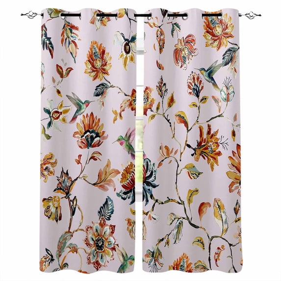 Pink Spring Floral Blackout Curtains for Bedroom Living Room Darkening Curtains 84 Inch Length 2 Panels Set Summer Botanical Vintage Birds Window Curtain Window Treatment Grommet Drapes 42"x84"