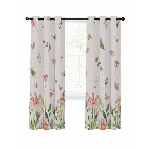 Pink Spring Floral Blackout Curtains, Light Blocking Print Window Curtains, Pastoral Flowers Farmhouse Rustic Thermal Insulated Window Drapes for Living Room Kitchen Cafe 2 Panels, 104"W x 52"L