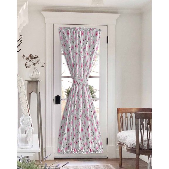 Pink Spring Floral Blackout Door Curtains for French, Glass,Front, Back, Patio Door, Summer Botanical Elegant Thermal Insulated Rod Pocket Window Curtain Drapes With Tiebacks 25"x72"