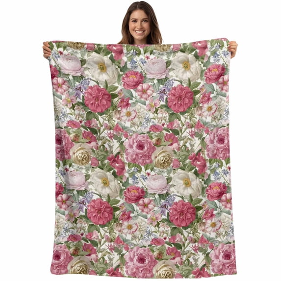Pink Spring Floral Blanket Soft Cozy Warm Throw Blanket for Couch, Plush Fuzzy Flannel Fleece Blankets for Sofa, Vintage Summer Botanical Bed Blankets Lightweight Gifts for Women, 40"x50"