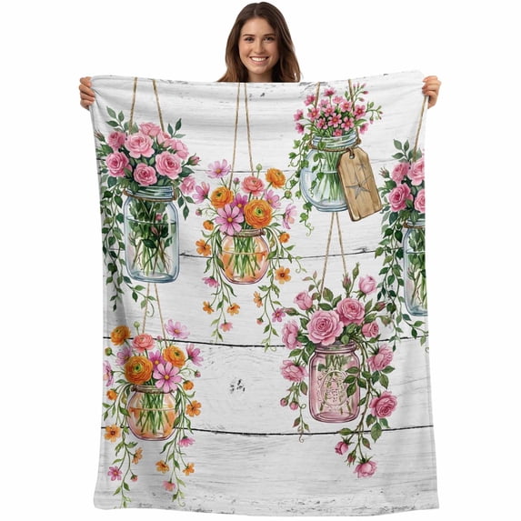 Pink Spring Floral Blanket Soft Cozy Warm Twin Blanket for Bed, Plush Fuzzy Flannel Fleece Blankets for Sofa, Wooden Elegant Farmhouse Botanical Throw Blankets for Couch, Gifts for Men, 60"x80"