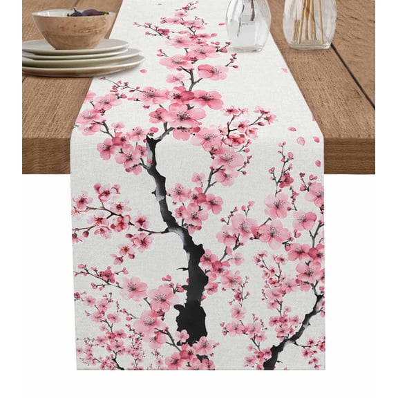 Pink Spring Floral Burlap Cotton Table Runner 13x36 Inches Short, Modern Art Cherry Blossom Farmhouse Table Runners, Outdoor Dining Tablecloths Decor for Baby Shower/Party/Wedding