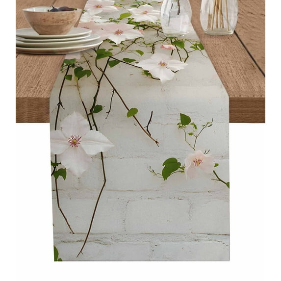 Pink Spring Floral Burlap Cotton Table Runner 13x36 Inches Short, Summer Botanical Farmhouse Farmhouse Table Runners, Outdoor Dining Tablecloths Decor for Baby Shower/Party/Wedding