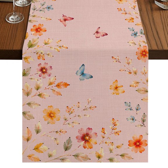 Pink Spring Floral Butterfly Burlap Cotton Table Runner 13x48 Inches Long, Rustic Farmhouse Botanical Farmhouse Table Runners, Outdoor Dining Tablecloths Decor for Baby Shower/Party/Wedding