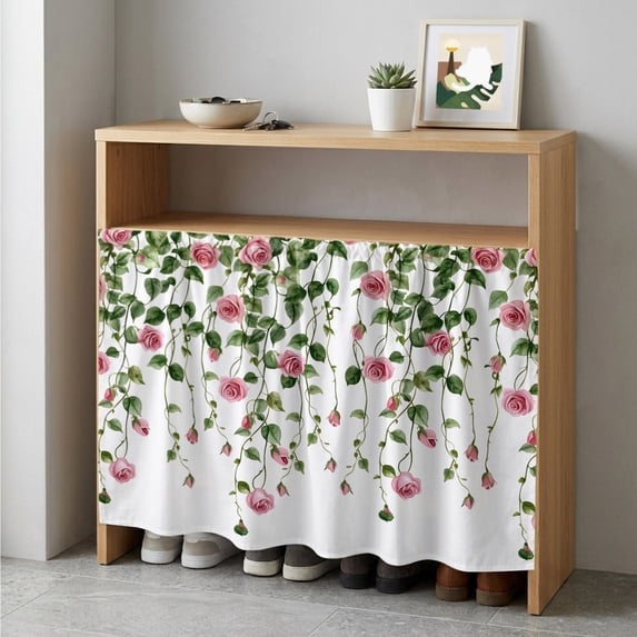 Pink Spring Floral Cabinet Curtain 35"Wx35"L, Dustproof Under Sink Skirt with Self Adhesive Tape, Green Summer Botanical Cabinet Curtain Cover for Kitchen Sink, Bathroom Vanity, Laundry Room