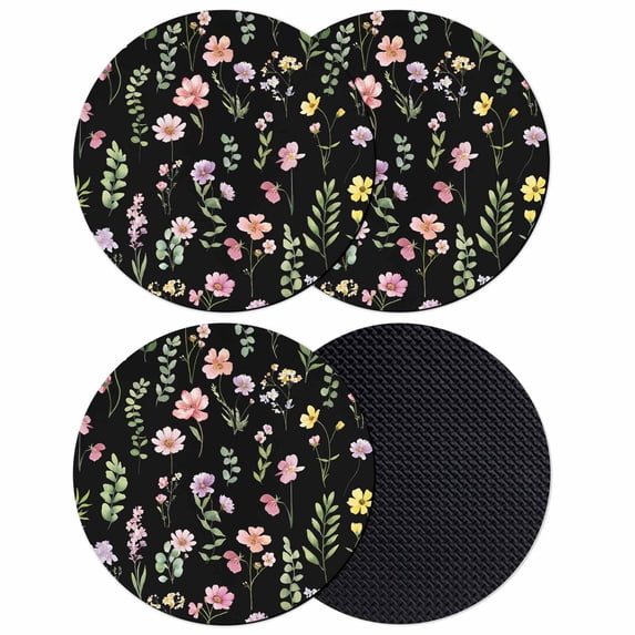 Pink Spring Floral Coasters Set of 4, Absorbent Coasters for Drinks, Flowers Botanical Elegant Pastoral Black Coaster for Desk Coffee Table Protection, Home Decor House Warming Gifts 4"