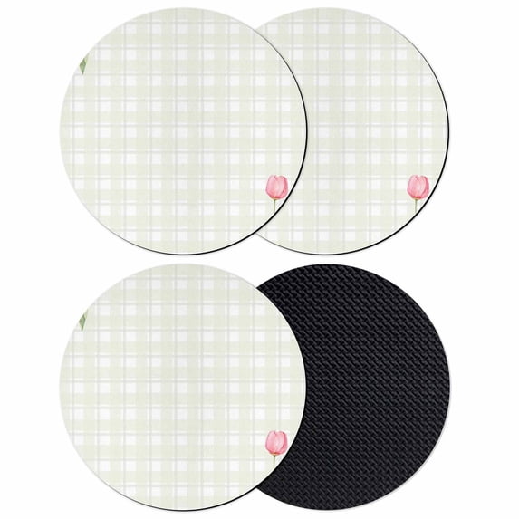 Pink Spring Floral Coasters Set of 4, Absorbent Coasters for Drinks, Tulip Yellow Plaid Summer Botanical Coaster for Desk Coffee Table Protection, Home Decor House Warming Gifts 4"