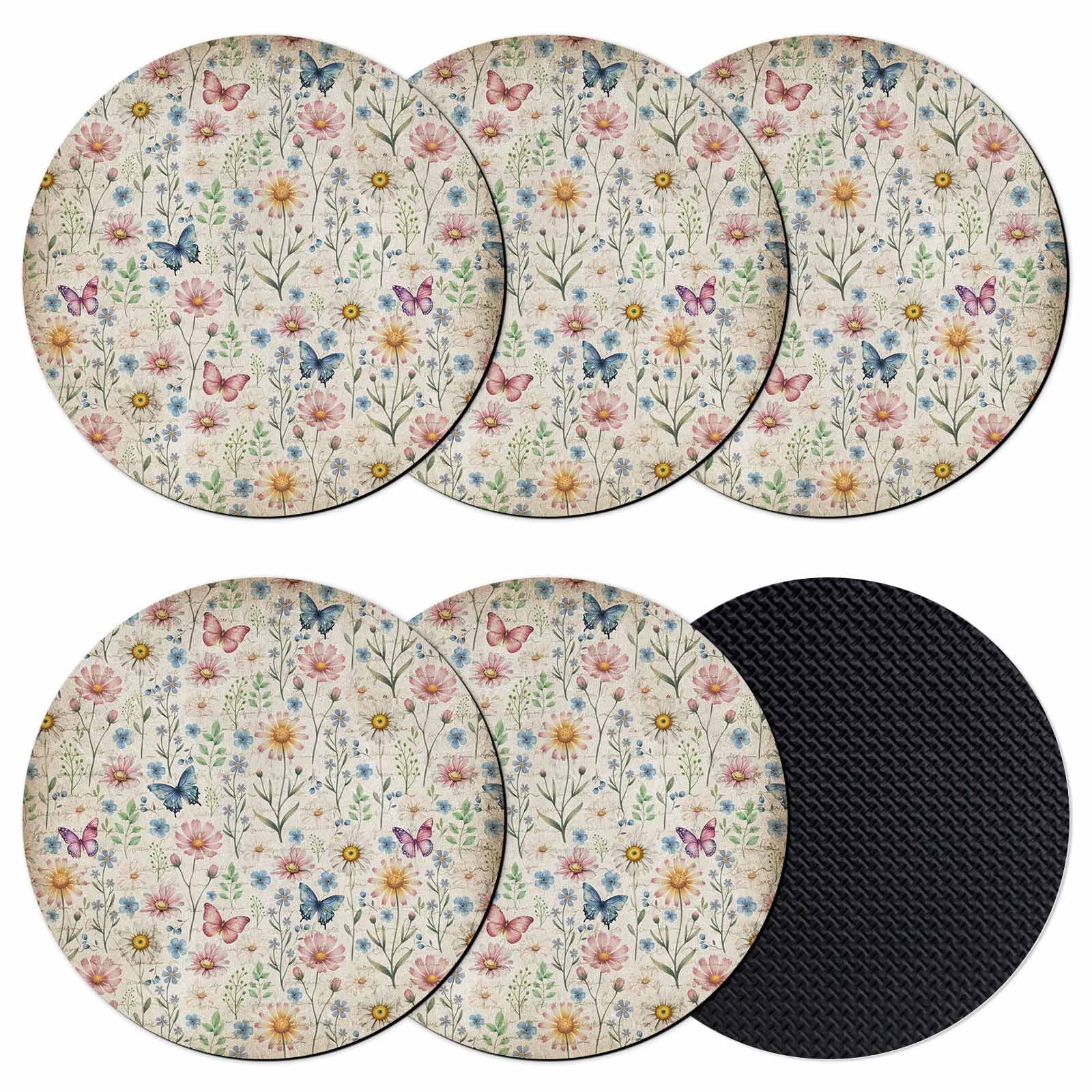 Pink Button Coaster Pink Spring Floral Coasters Set of 6, Absorbent Coasters for Drinks ...