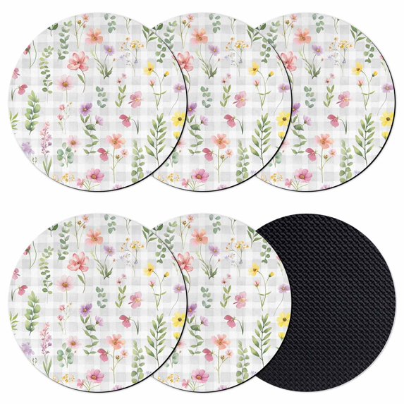 Pink Spring Floral Coasters Set of 6, Absorbent Coasters for Drinks, Flowers Botanical Elegant Grey Checkered Coaster for Desk Coffee Table Protection, Home Decor House Warming Gifts 4"