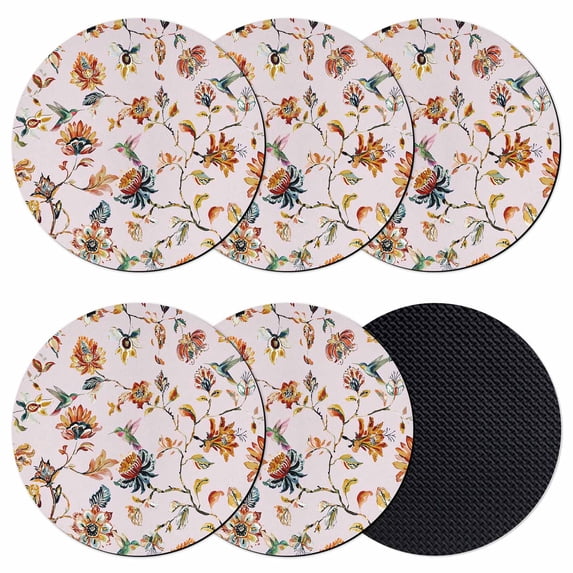 Pink Spring Floral Coasters Set of 6, Absorbent Coasters for Drinks, Summer Botanical Vintage Birds Coaster for Desk Coffee Table Protection, Home Decor House Warming Gifts 4"