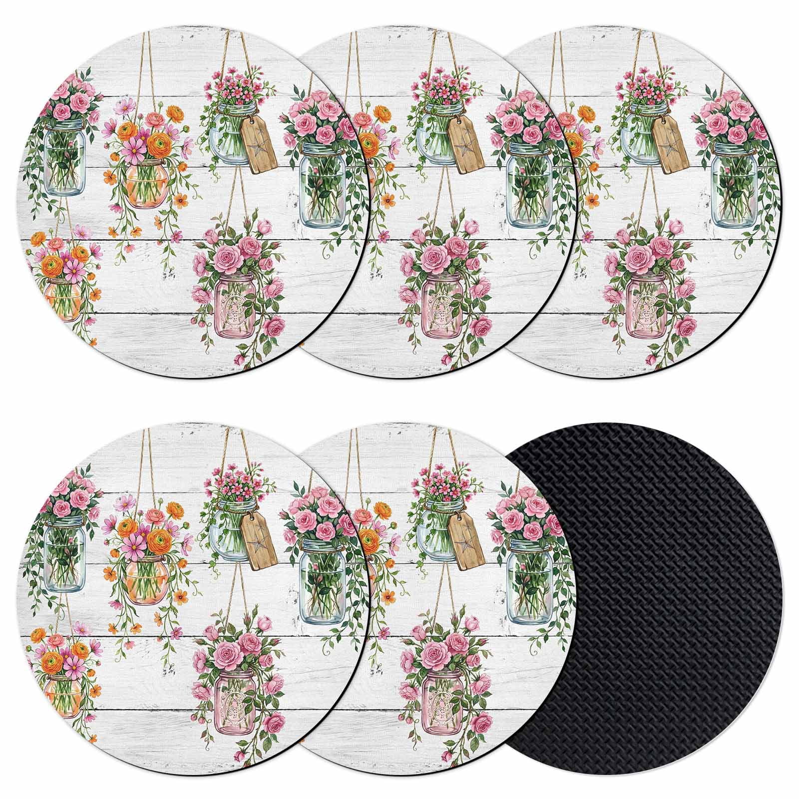 Pink Coaster Set Pink Spring Floral Coasters Set of 6, Absorbent Coasters for Drinks ...
