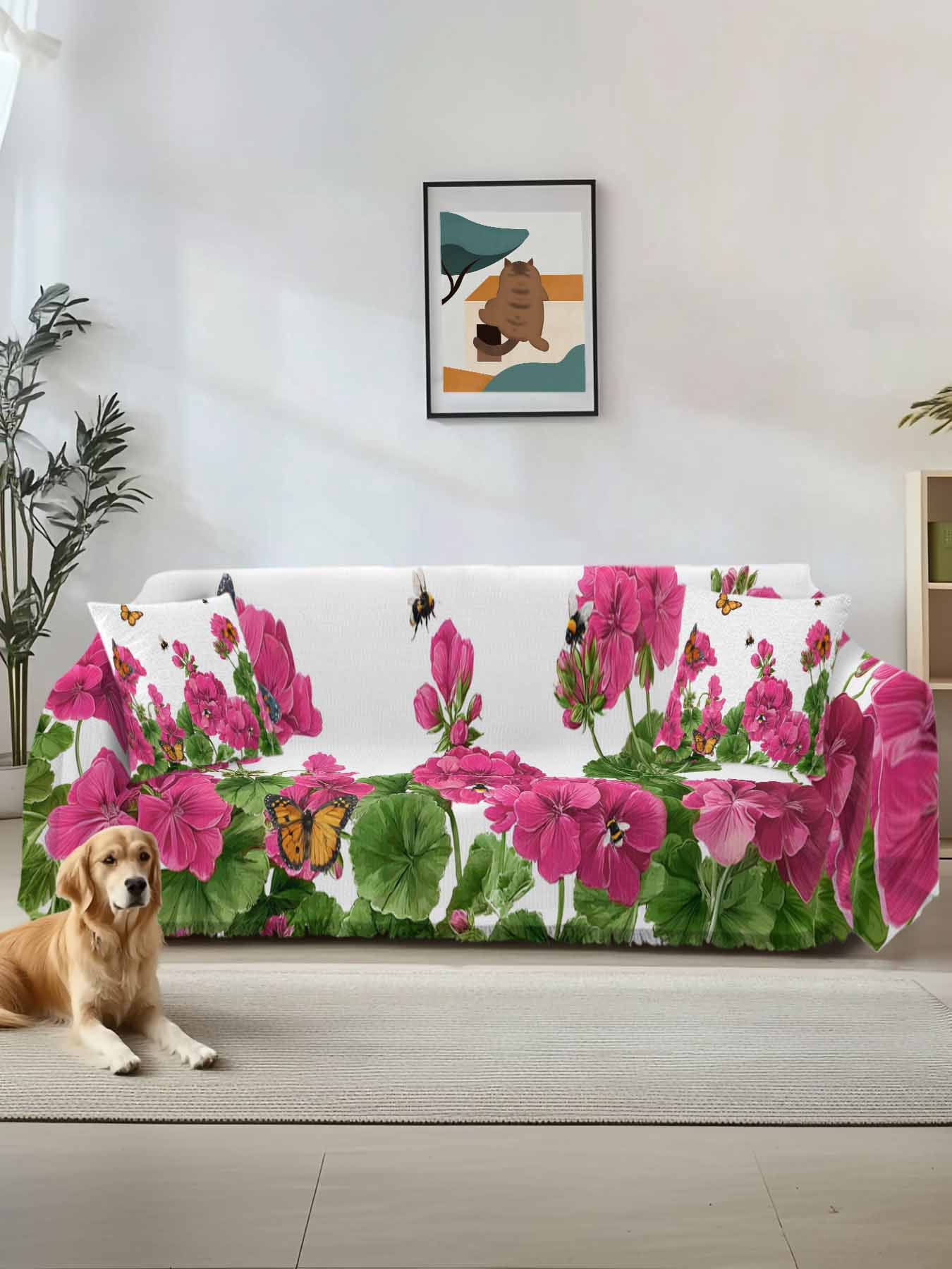 Pink Spring Floral Couch Cover for 2 Cushion Sofa, Butterfly Farmhouse