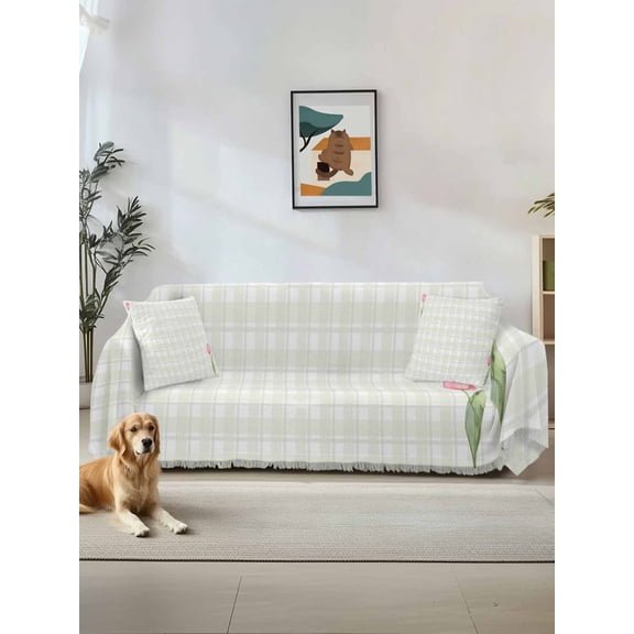 Pink Spring Floral Couch Cover, Tulip Yellow Plaid Summer Botanical Sofa Cover Blanket for Loveseat Couches, Sectional Sofa Slipcover Furniture Protector for Living Room Bedroom 71''x118''