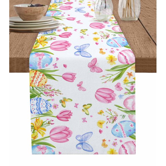 Pink Spring Floral Easter Burlap Cotton Table Runner 13x36 Inches Short, Pastoral Tulip Flowers Farmhouse Table Runners, Outdoor Dining Tablecloths Decor for Baby Shower/Party/Wedding