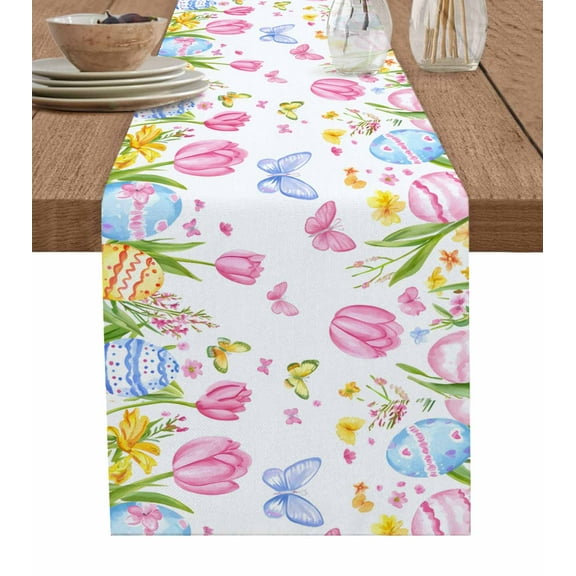 Pink Spring Floral Easter Burlap Cotton Table Runner 13x70 Inches Long, Pastoral Tulip Flowers Farmhouse Table Runners, Outdoor Dining Tablecloths Decor for Baby Shower/Party/Wedding