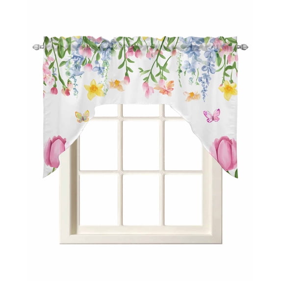 Pink Spring Floral Easter Kitchen Swag Valances for Windows, Watercolor Tulip Flowers Swag Valances Curtains for Living Room, Rod Pocket Window Treatments for Bathroom, Bedroom, Cafe, 56"x36"