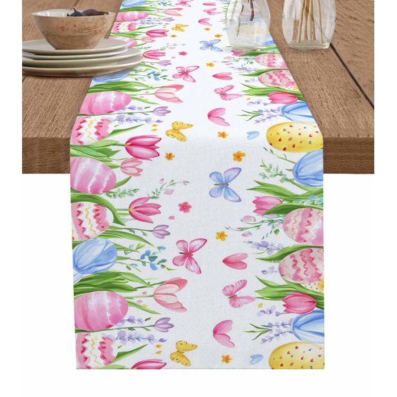 Pink Spring Floral Easter Table Runner 48 Inches, Pastoral Tulip Flower Bed Runner Dresser Scarves Tabletop for Indoor Outdoor Parties/Ceremony/Banquet, 13" x 48"
