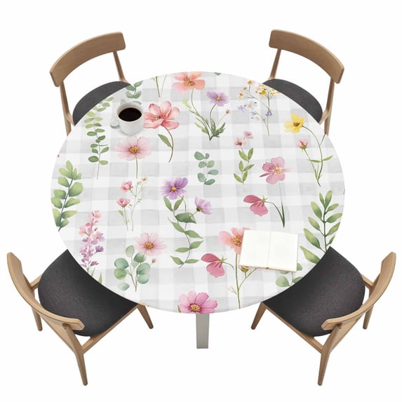 Pink Spring Floral Fitted Tablecloth with Elastic Edged, Round Table Cloth for Dining Table, Flowers Botanical Elegant Grey Checkered Waterproof Oil Proof Table Cover for Indoor Outdoor 45"-54"
